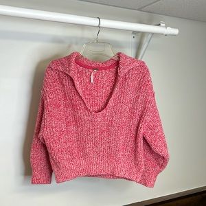 Free People Cropped Pink & White Knit Cotton Blend Sweater- XS